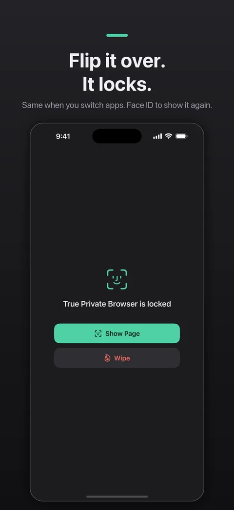 Private browser lock screen with Show Page and Wipe